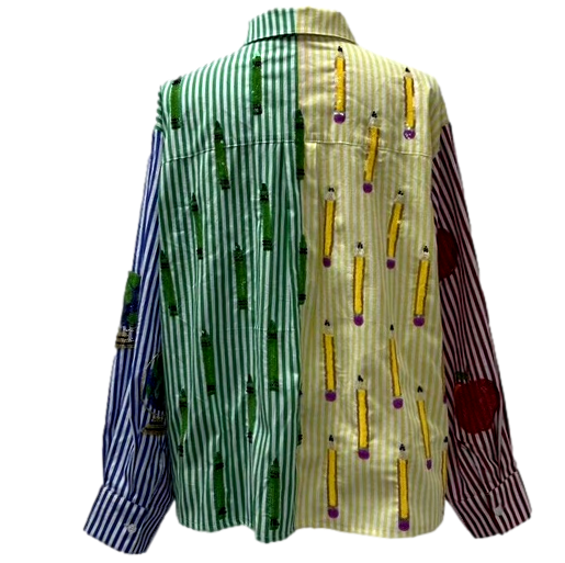 Colorblock Stripe Teacher Icon Button Up Cotton Top- (Women's)