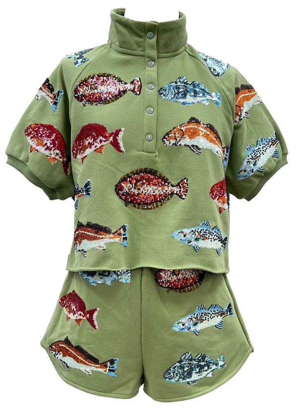 Green Multi Fish Henley Short- (Women's)