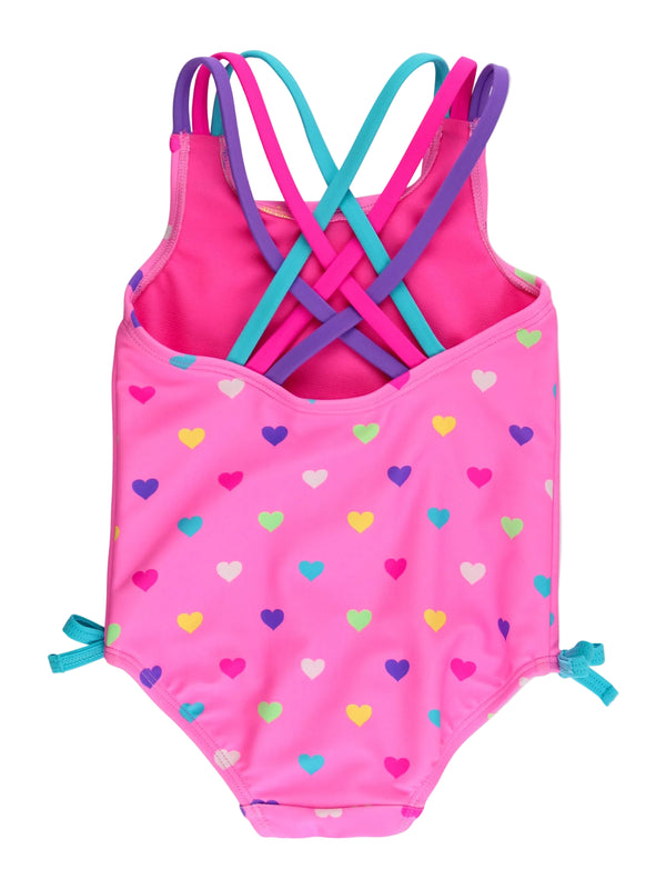Cross-Back One Piece Swimsuit- Neon Pink Colorful Hearts