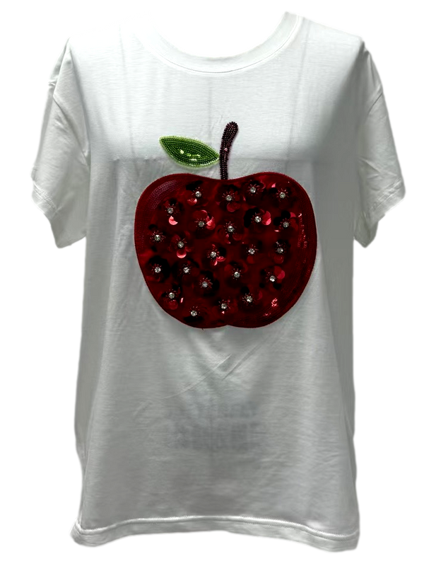 White & Red Sequin Flower Apple Tee- (Women's)