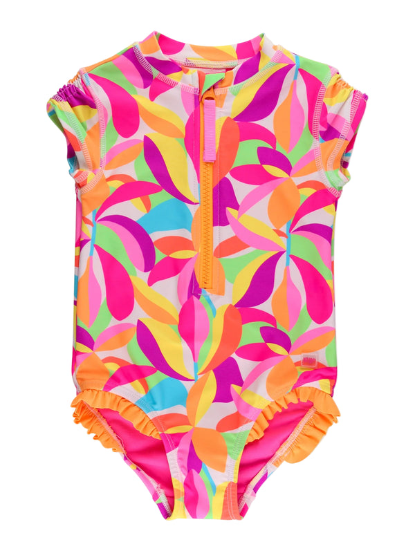Rash Guard One Piece Swimsuit- Neon Tropical Adventure
