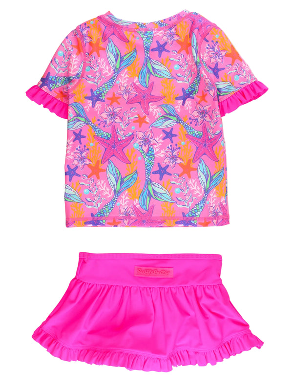 Ruffle Rash Guard Skirted 2-Piece Swimsuit- Neon Shimmer Mermaid