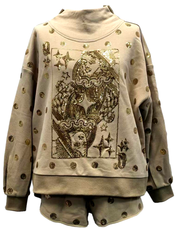 Tan & Gold Polka Dot QOS Card Mock Neck Sweatshirt- (Women's)