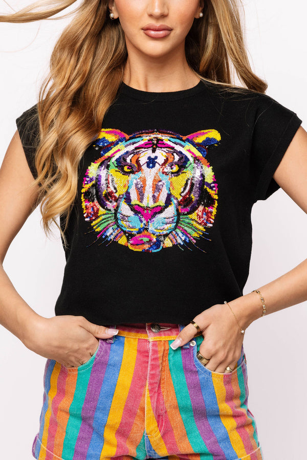 Black Knit Sweater W/ Rainbow Tiger Head (Women's)