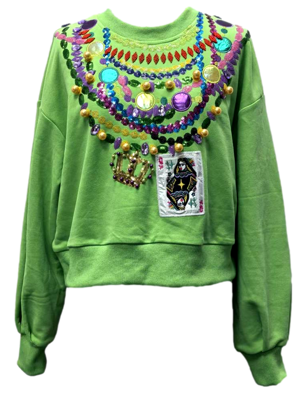 Queen Mardi Gras Beads Sweatshirt- Bright Green
