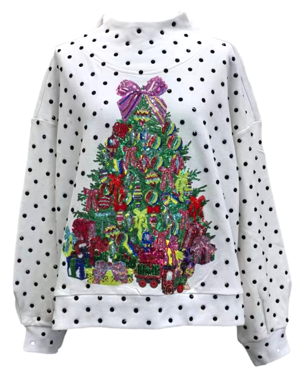 White & Black Poka Dot Christmas Tree Mockneck Sweatshirt- (Women's)