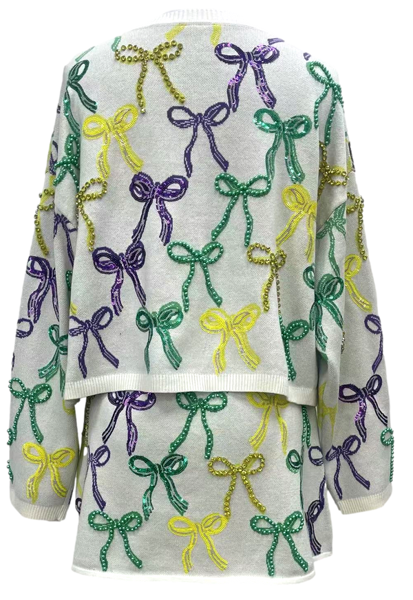 White Mardi Gras Bow Tie Up Sweater- (Women's)