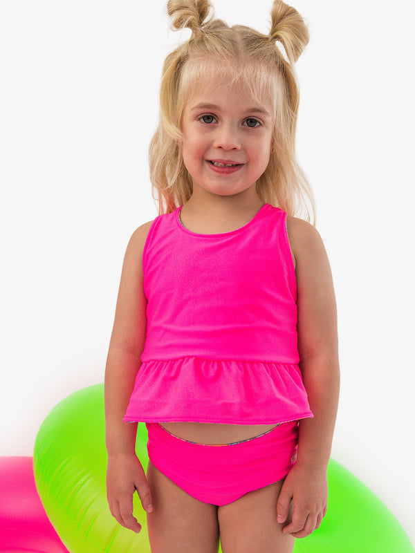 Reversible Peplum Tankini 2-Piece Swimsuit- Neon Shimmer Mermaid