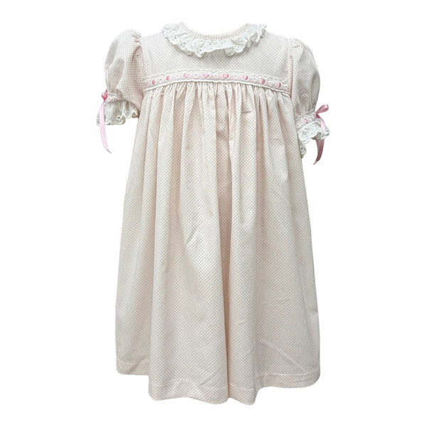 Margaret Dress- Pink Bitty Dot Corduroy W/ Satin Pink Ribbon