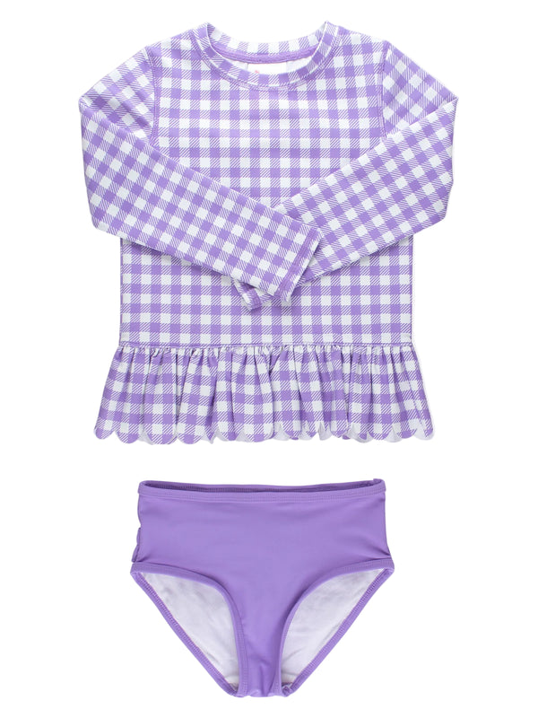 Scallop Hem Rash Guard 2-Piece- Wisteria Purple Gingham