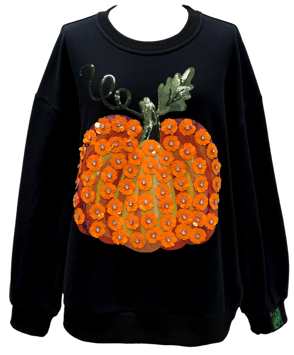 Black & Orange Flower Sequin Pumpkin Sweatshirt- (Women's)