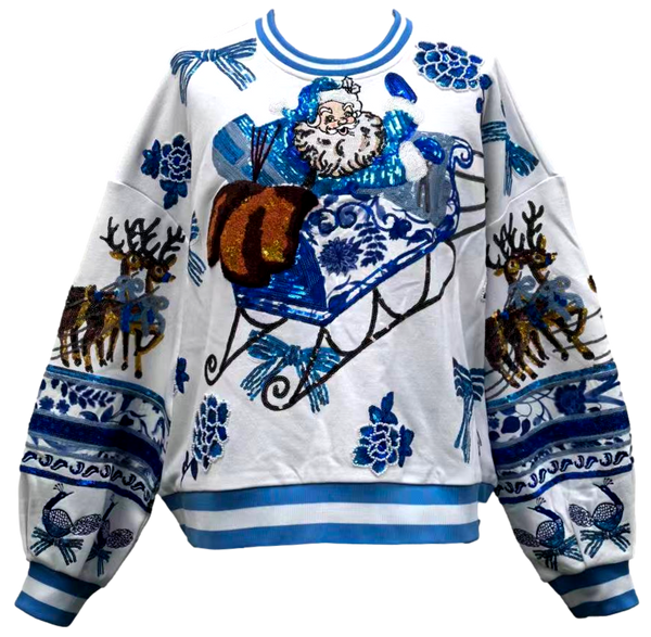 Blue & White Flower & Bow Vintage Santa Sweatshirt- (Women's)