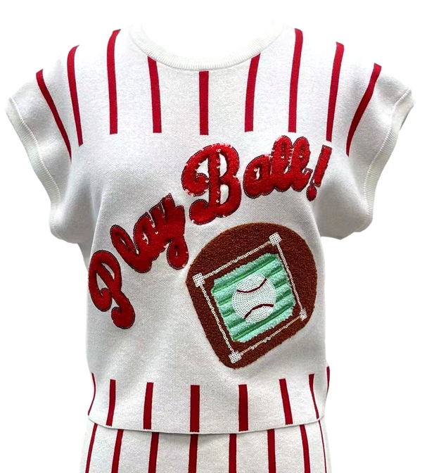 Red & White Stripe 'Play Ball' Top- (Women's)