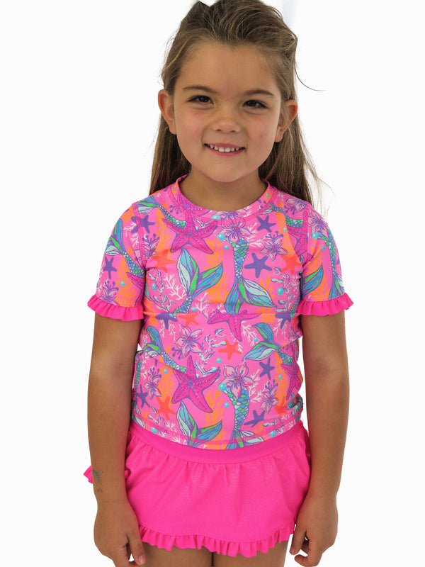 Ruffle Rash Guard Skirted 2-Piece Swimsuit- Neon Shimmer Mermaid