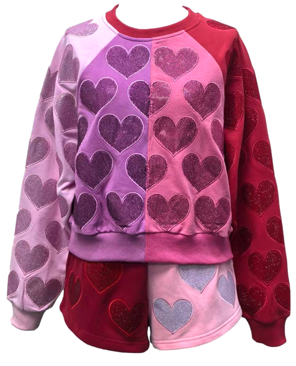 Colorblock Rhinestone Hearts Sweatshirt- (Women's)