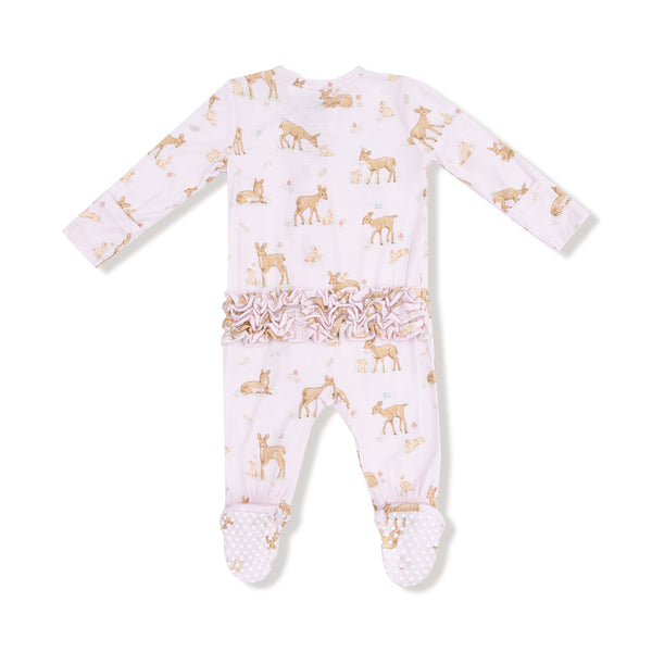 Little Fawn 2 Way Zipper Ruffle Footie- Light Pink/Pink