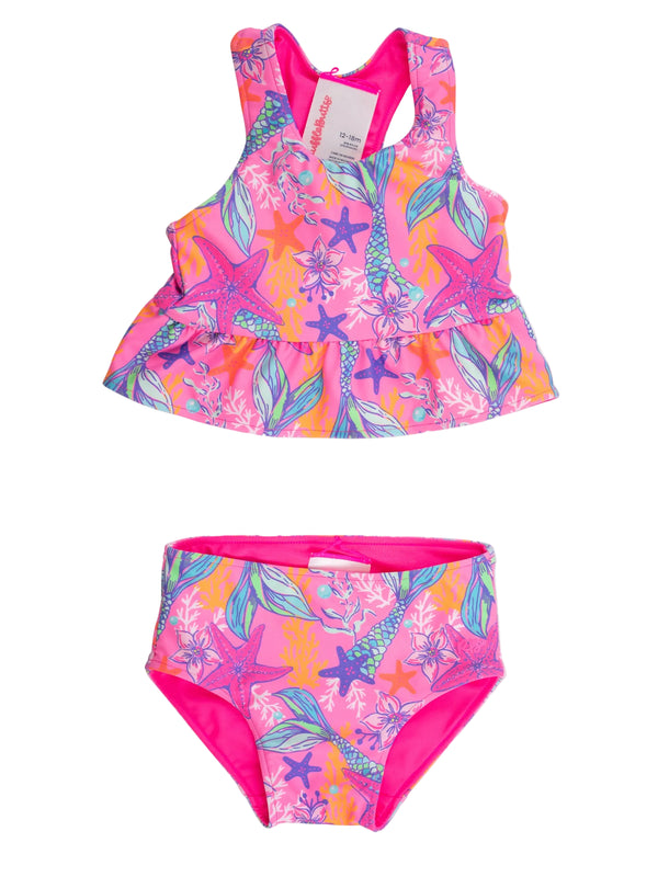 Reversible Peplum Tankini 2-Piece Swimsuit- Neon Shimmer Mermaid