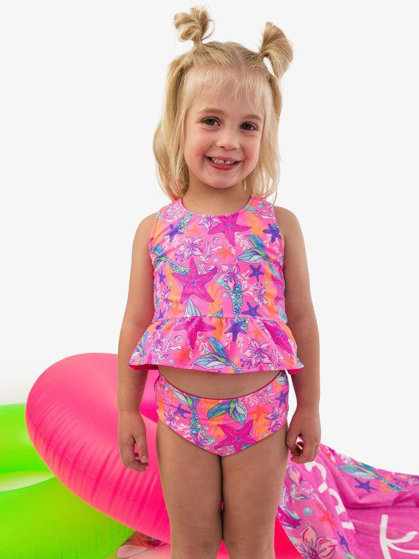 Reversible Peplum Tankini 2-Piece Swimsuit- Neon Shimmer Mermaid