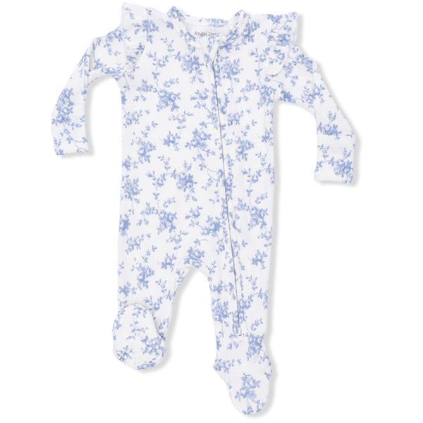 Baby Blue Vines Floral 2 Way Ruffle Sleeve Zipper Footie