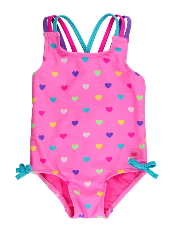 Cross-Back One Piece Swimsuit- Neon Pink Colorful Hearts