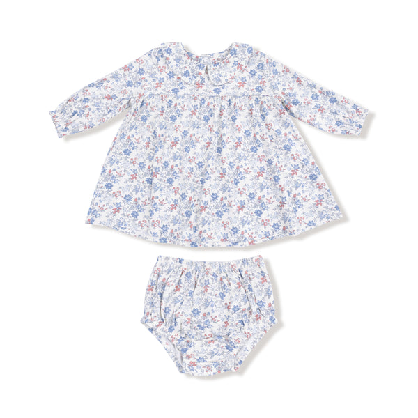 Country Girl Floral L/S Dress W/ Diaper Cover- Ivory/Mellow Rose