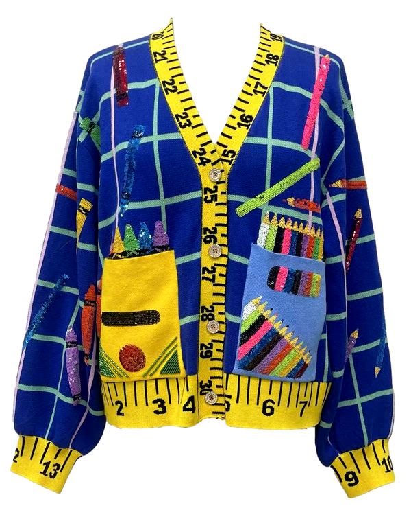 Multi School Supplies Ruler Trim Button Up Cardigan- (Women's)