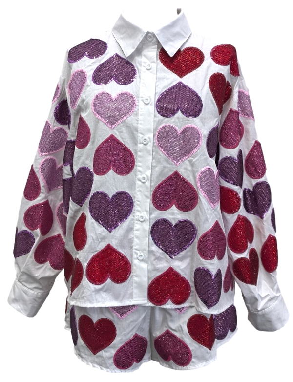 Rhinestone Hearts Button Up Cotton Top- (Women's)