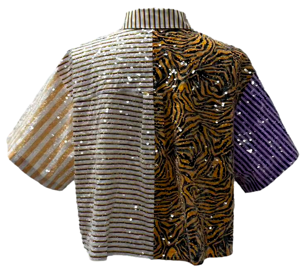 Purple, Yelow & Tiger Colorblock Sequin Button Up Pocket Top- (Women's)