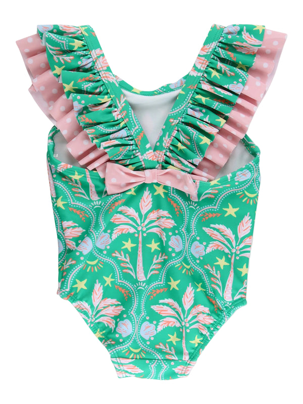Bow V-Back One Piece Swimsuit- Coconut Cabana