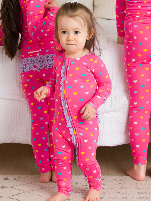 Convertible Ruffle One Piece Pajama - Colorful Hearts