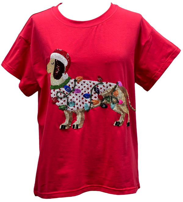 Red Weenie Dog In Christmas Lights Tee- (Women's)