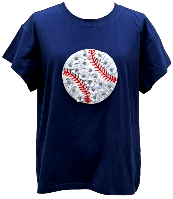 Navy Flower Baseball Tee- (Women's)