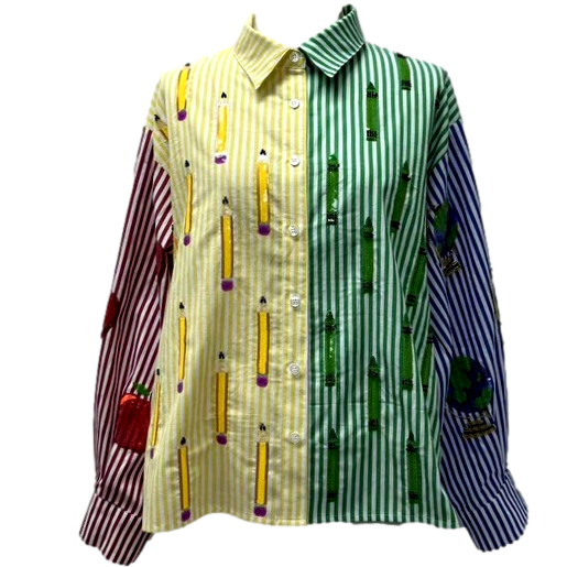 Colorblock Stripe Teacher Icon Button Up Cotton Top- (Women's)