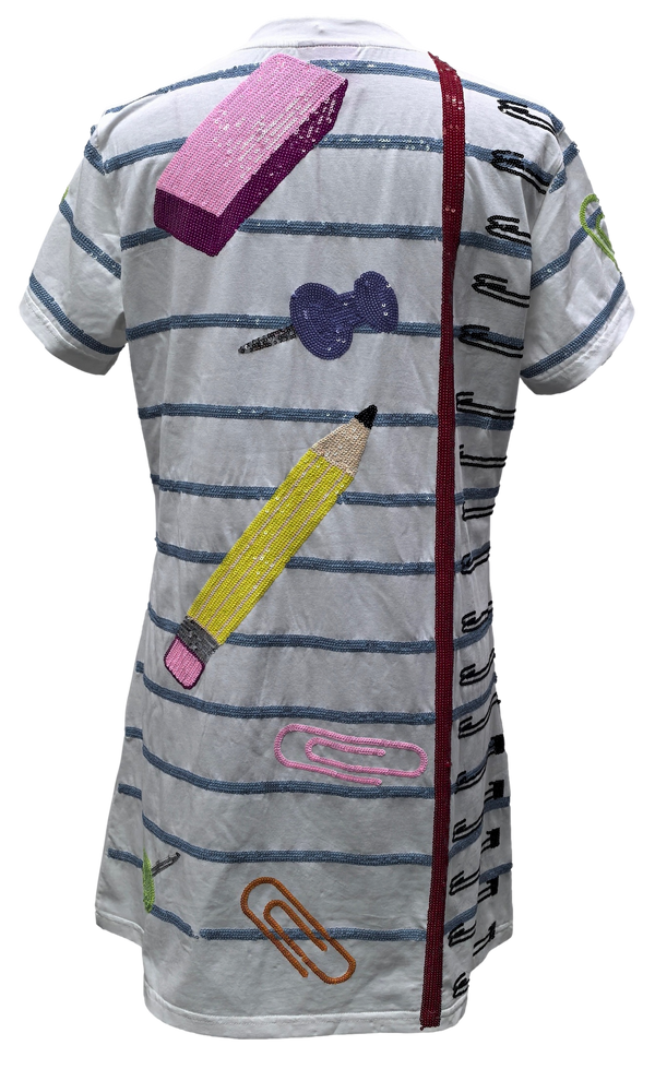 White Notebook Paper & School Supplies Tee Dress- (Women's)