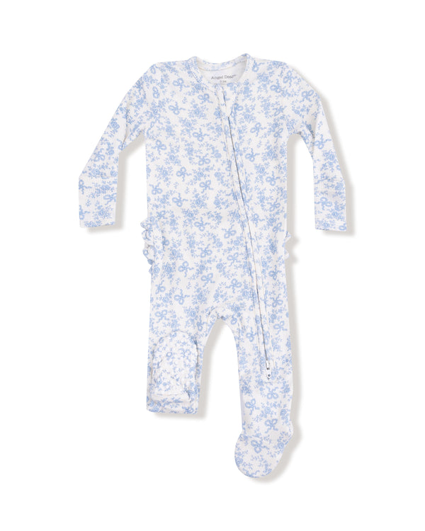 Romi Floral 2 Way Zipper Ruffle Footie- White/Blue Blizzard