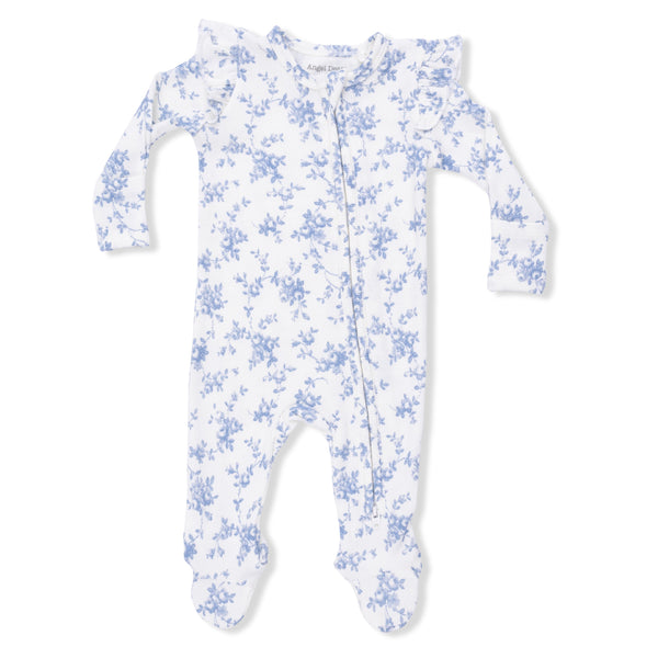 Baby Blue Vines Floral 2 Way Ruffle Sleeve Zipper Footie