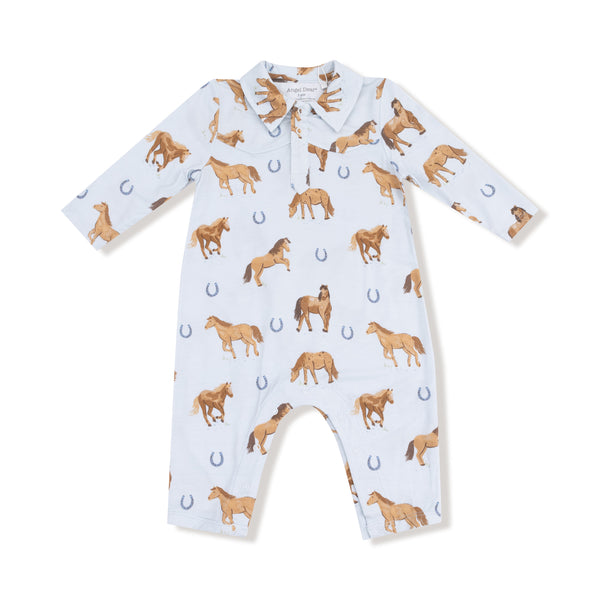 Horses L/S Cowboy Romper- Endless Sky Blue