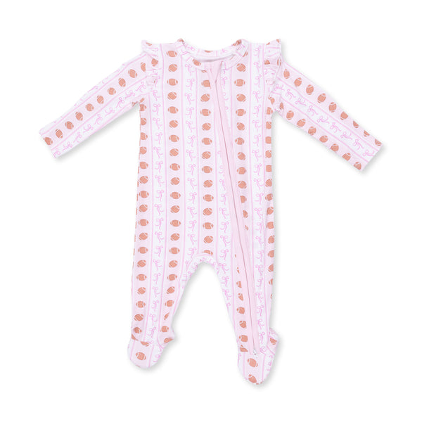 Football Bow Stripe 2 Way Ruffle Zipper Footie