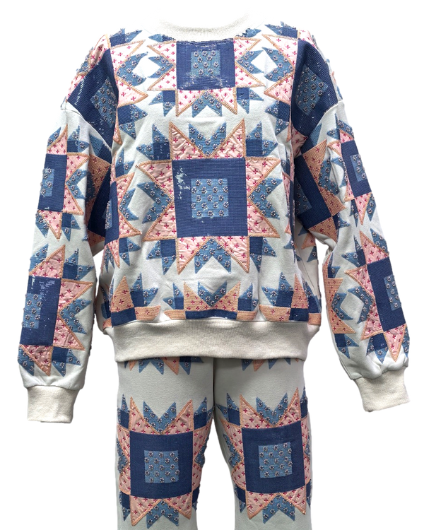 Ivory, Blue & Light Pink Patchwork Sweatshirt- (Women's)