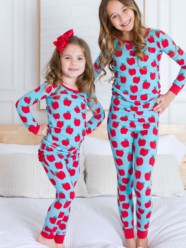 Ruffle Long Sleeve Pajama Set- Blue Apple Of My Eye