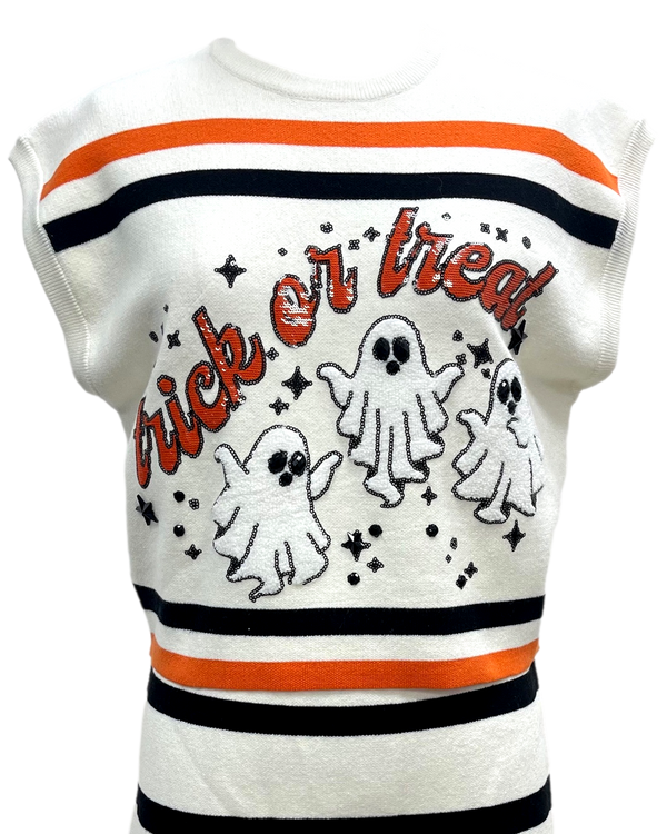 White, Black & Orange Stripe 'Trick Or Treat' Top- (Women's)