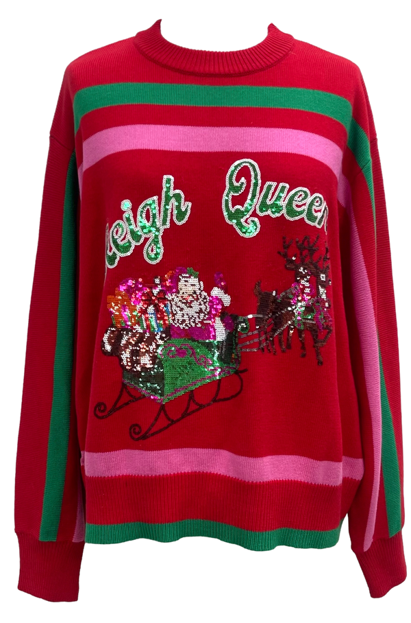 Red, Green & Pink 'sleigh Queen' Stripe Sweater- (Women's)