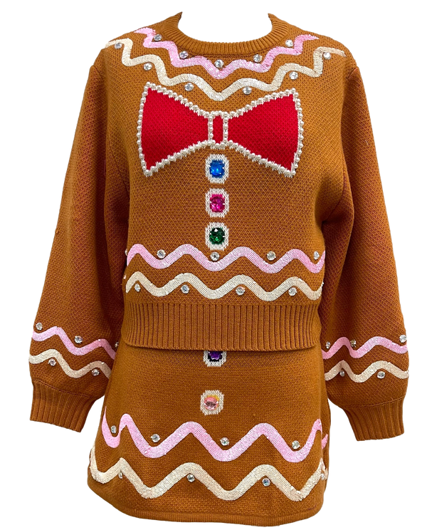 Brown Gingerbread Man Jewel Bow Tie Sweater- (Women's)
