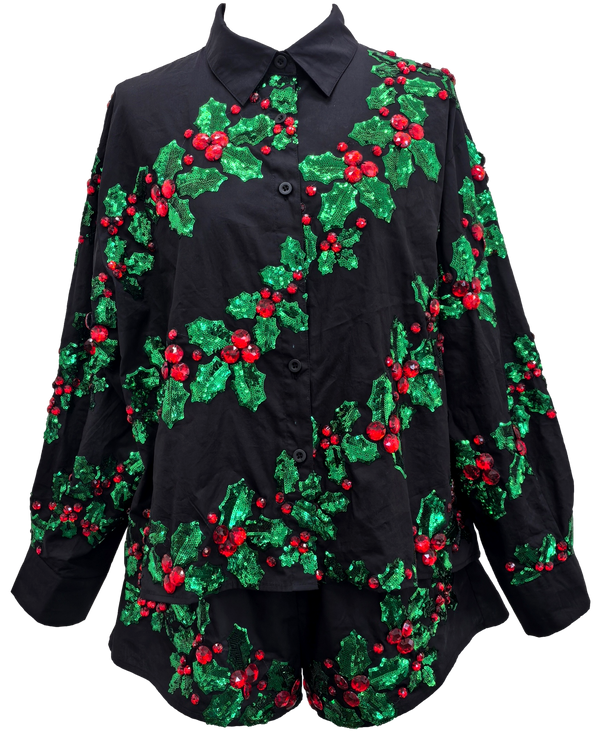Black, Green & Red Holly Cotton Button Up Top- (Women's)