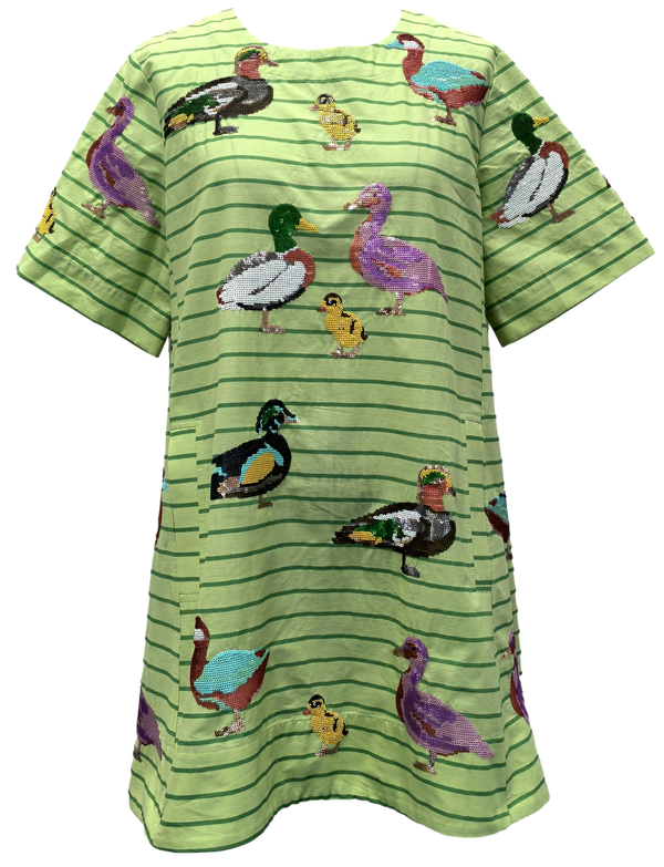 Green Stripe Cotton Duck Dress- (Women's)
