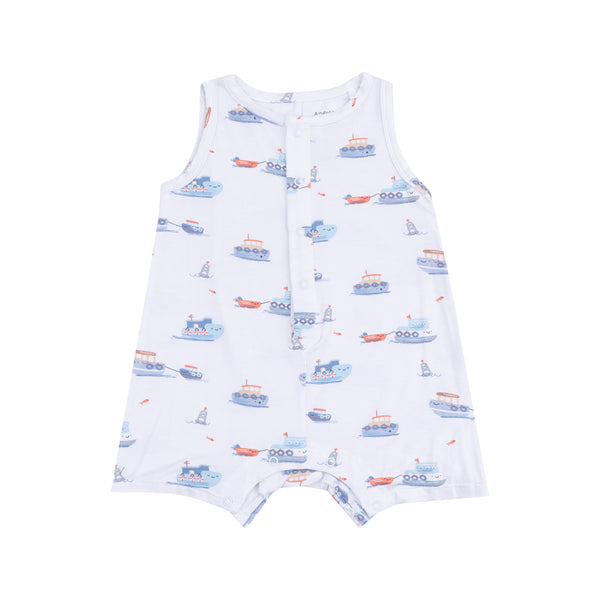 Bubbly Tugboats Sleeveless Romper- Blue