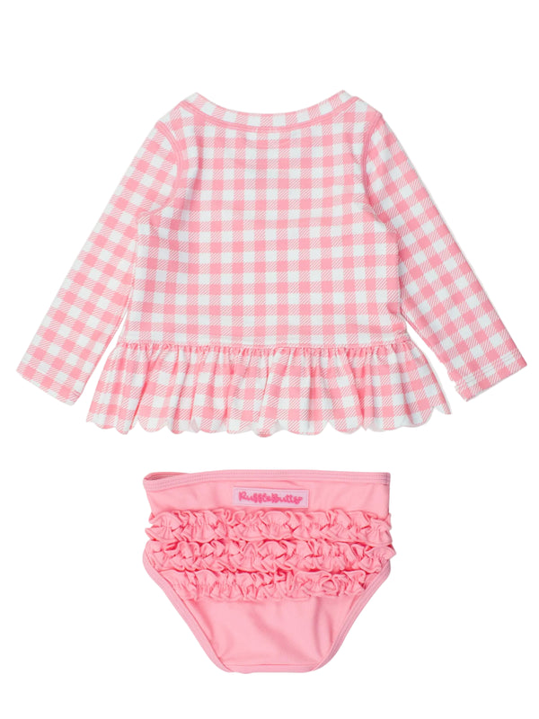 Scallop Hem Rash Guard 2-Piece- Bubblegum Pink Gingham
