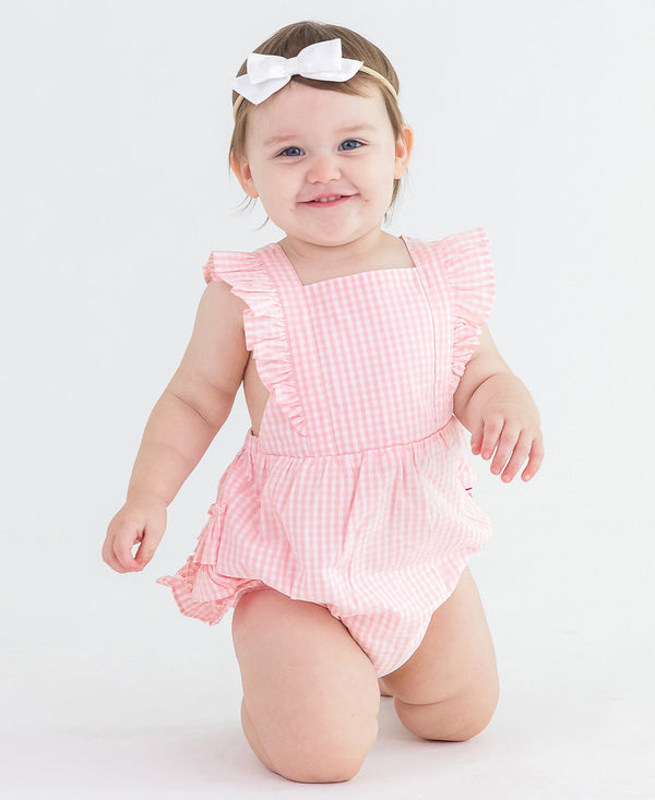 Pinafore Cross-Back Woven Romper- Pink Gingham