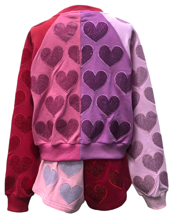 Colorblock Rhinestone Hearts Sweatshirt- (Women's)