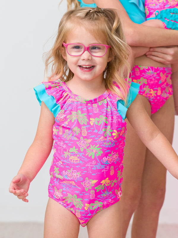 Bow V-Back One Piece Swimsuit- Neon Island Time